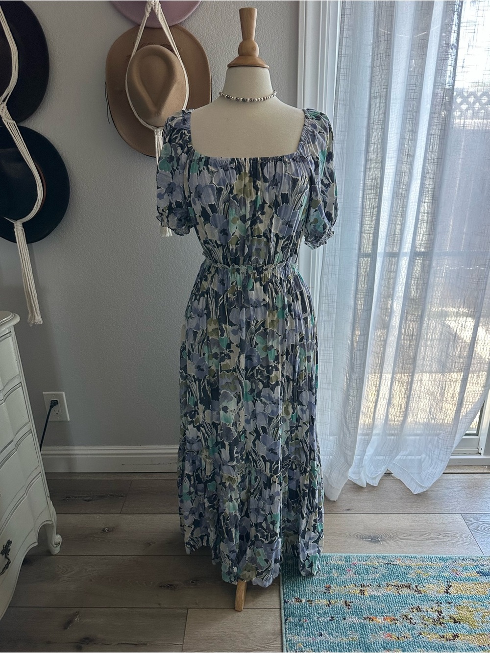 lovestitch Floral Puff-Sleeve Maxi Dress in Blue and Green